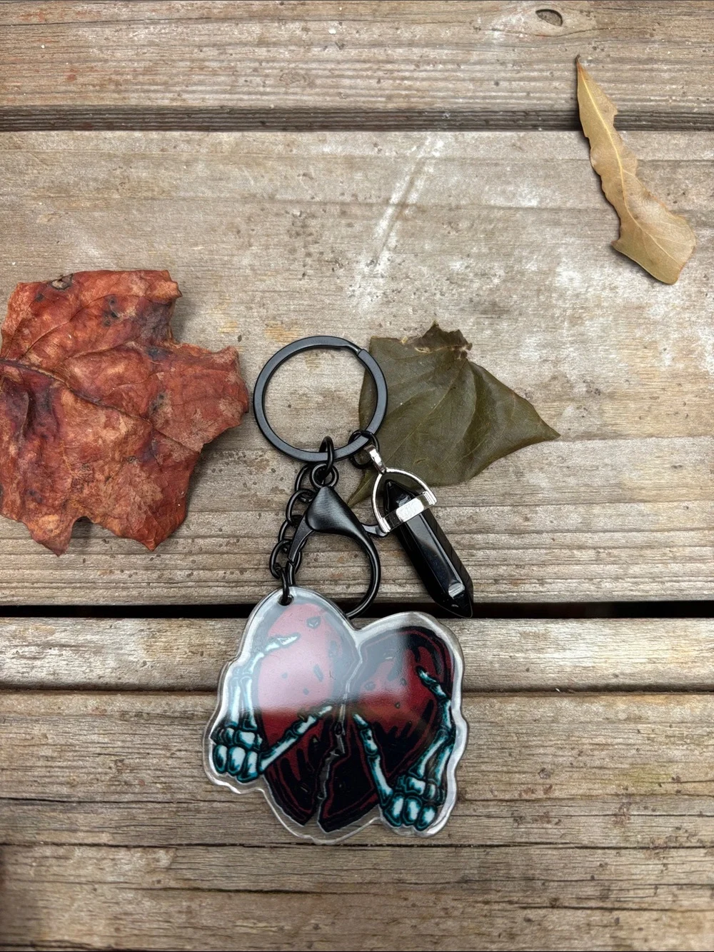 Black and Red Heart Keychain with Crystal Charm